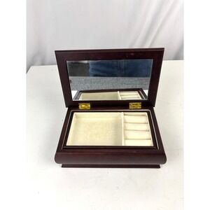 Vintage Wooden Jewelry Box Floral Tapestry Top Mirror Vanity Keepsake Box